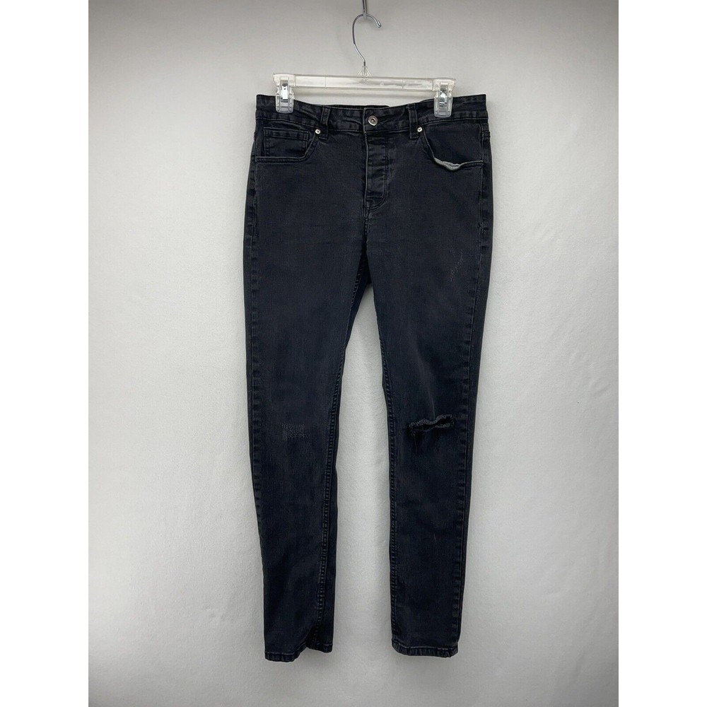 SOVEREIGN CODE JEANS MENS SIZE 31 SLIM FIT BUTTON FLY LOW RISE BLACK DISTRESSED